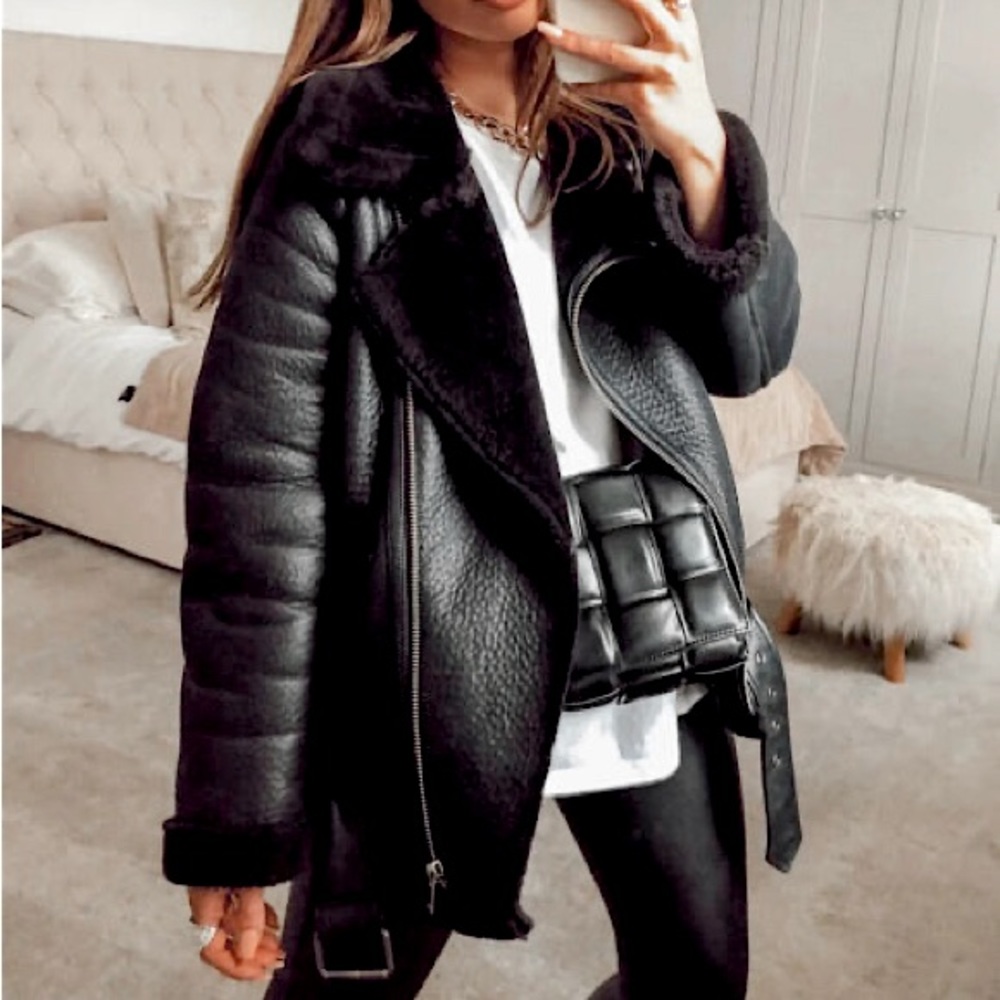 Zara Double Faced Faux Leather Shearling Aviator Jacket